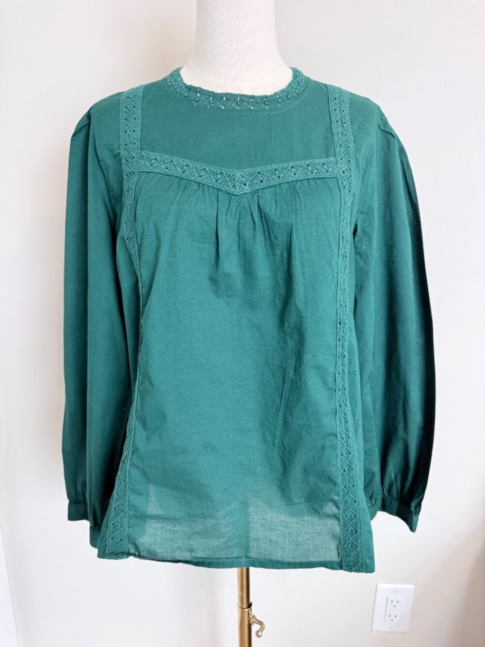 J.Crew Women's  Lace-Trim Long Sleeve Blouse Green Cotton size XL